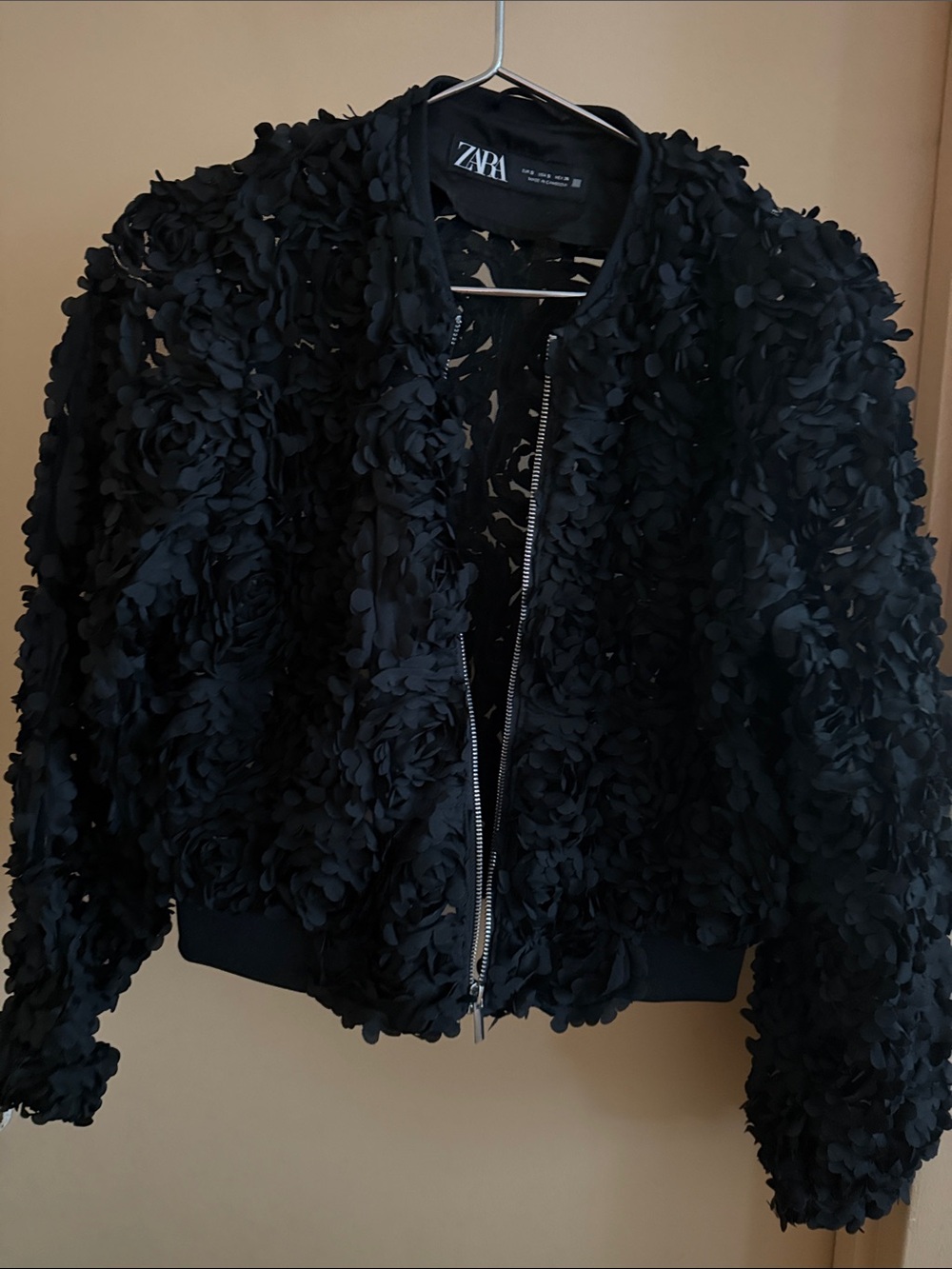 Zara Black 3D Floral Bomber Jacket